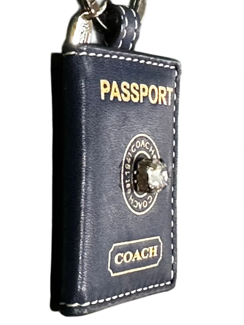 Coach Navy Leather 'Passport' Keychain with Gold Hardware - Picture 3 of 13